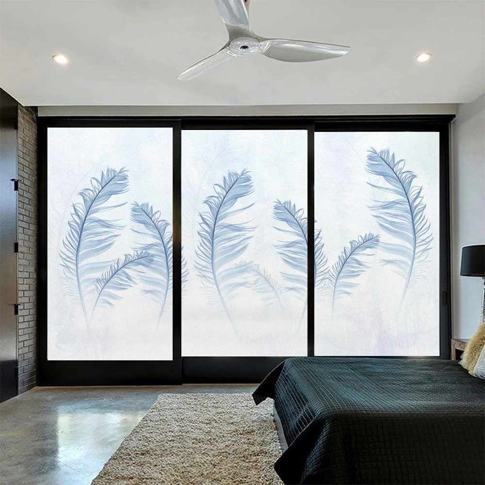 Privacy Glass Window Film Anti UV Frosted Glass Window Flim Feather Pattern Glue-Free Static Cling Bathroom Glass Door Sticker