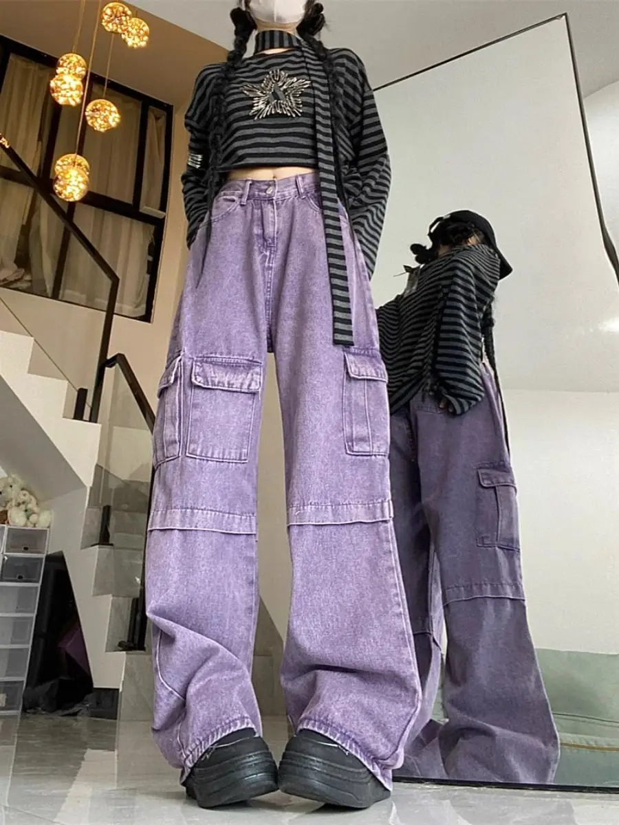 Pantalones Cargo con múltiples bolsillos para hombres y mujeres, ropa de calle de estilo americano, púrpura Retro, pantalones sueltos de pierna recta, nueva tendencia de moda, Y2k