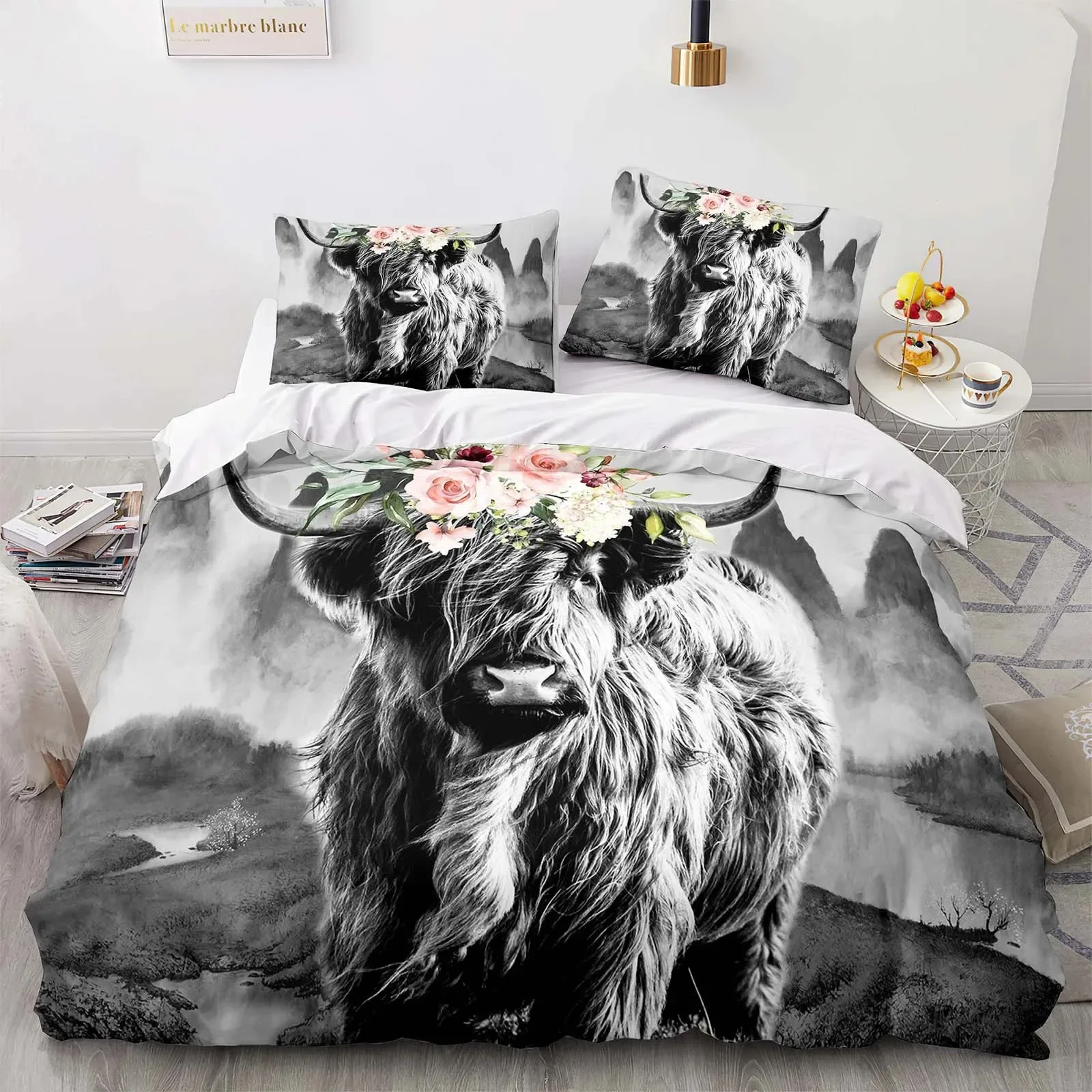 Highland cattle Animal Flower 3D Duvet Cover Bedding Set Comforter Linen Pillowcases Quilt Cover Home Decor Twin King Queen