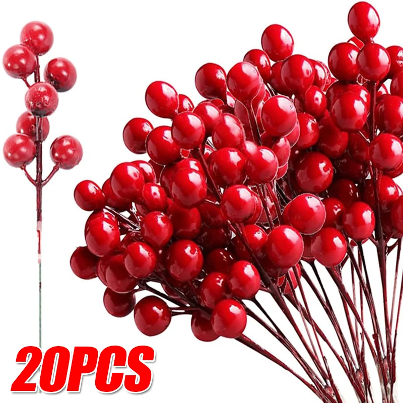 Artificial Red Gold Berry Branch Christmas Ornament 7 Head Holly Berries Stems DIY Crafts Wreath Wedding Party Xmas Tree Decor