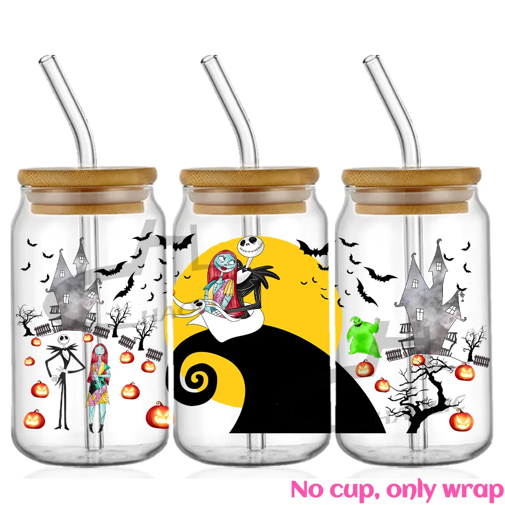 Jack And Sally UV DTF Cup Wrap for 16oz Libbey Glass Sticker Can Tumbler Transfer for Cup Wraps Libbey