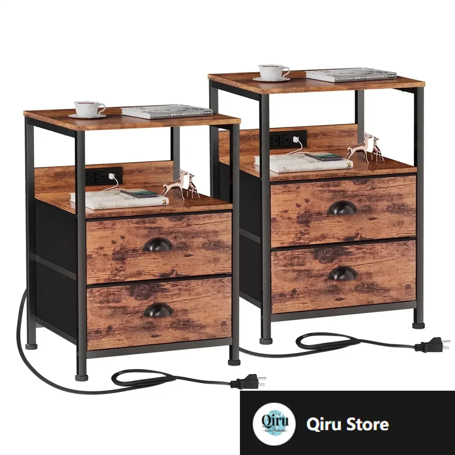 

Set of 2 Nightstands, End Table Charging Station, Bedside Tables with 2 Fabric , Night Stands with USB Ports & Power Outlets