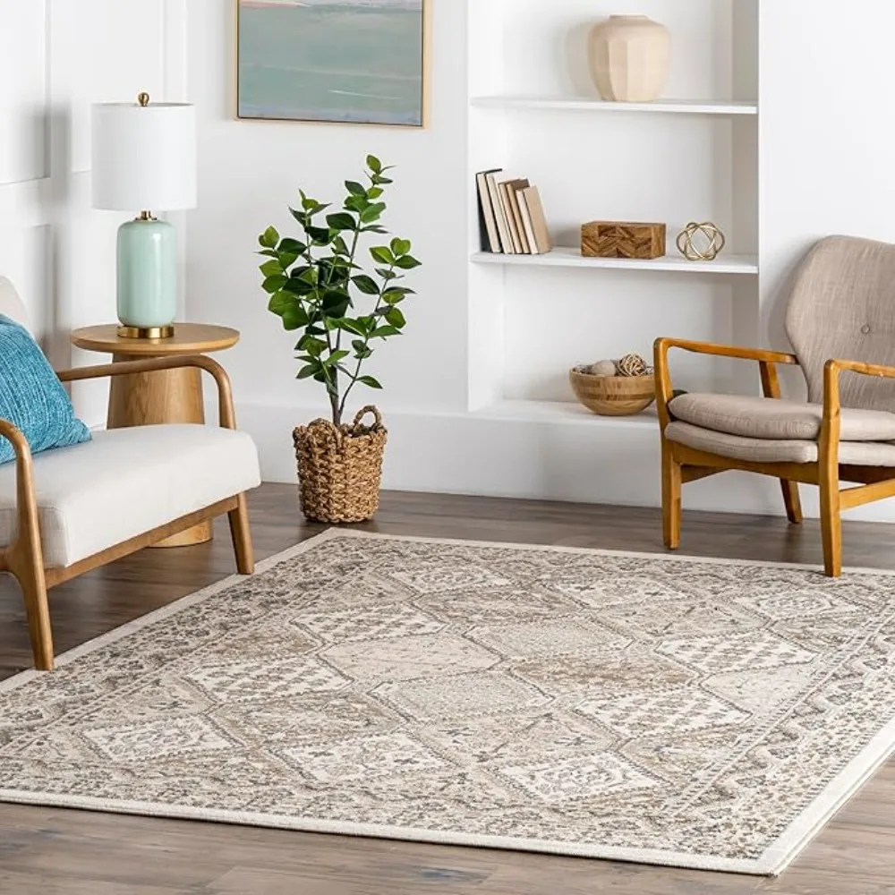 

Becca Traditional Tiled Area Rug, Beige, Faded Transitional Design, Stain Resistant, For Bedroom, Dining Room,Living Room