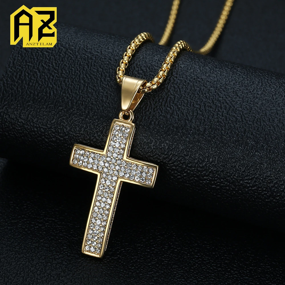 

Anztilam Thin Cross Pendants No Fade 316L Stainless Steel Iced Out Pendant with Long Link Chain Necklaces Men Hip Hop Jewelry
