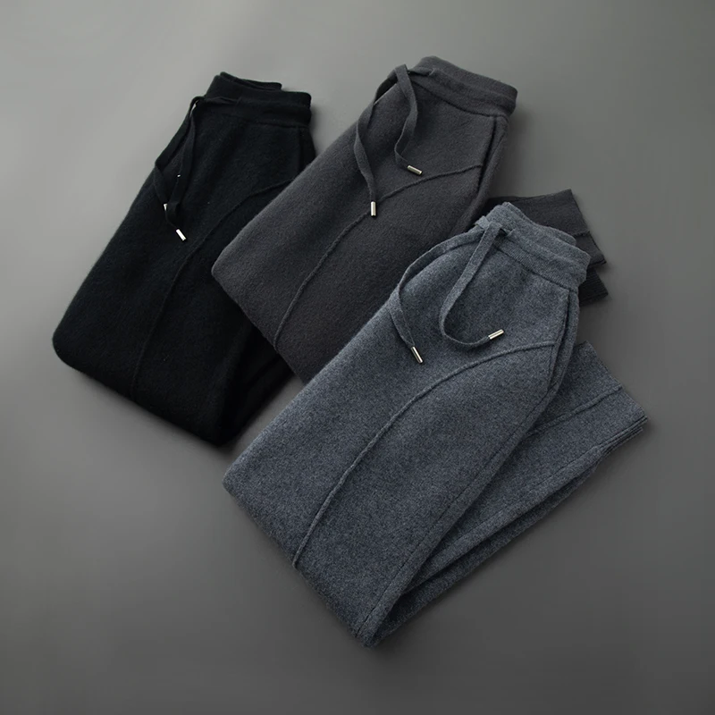 

High Quality 100% Goat Cashmere Men's Pencil pants Soft Warm High Waist Trousers Autumn Winter New Fashion Knitwear Sport Pants