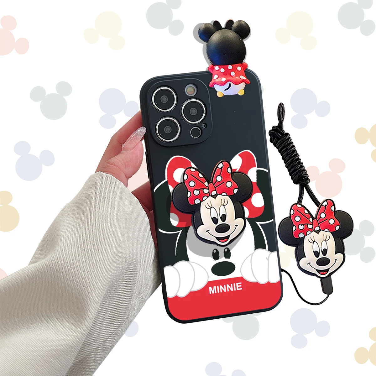 Coque 3D Cartoon Disney Minnie TureMouse, iPhone 16, 15, 14 Plus, 13, 12 Mini, 11 Pro Max, Support de téléphone, Lanyard Strap Cover