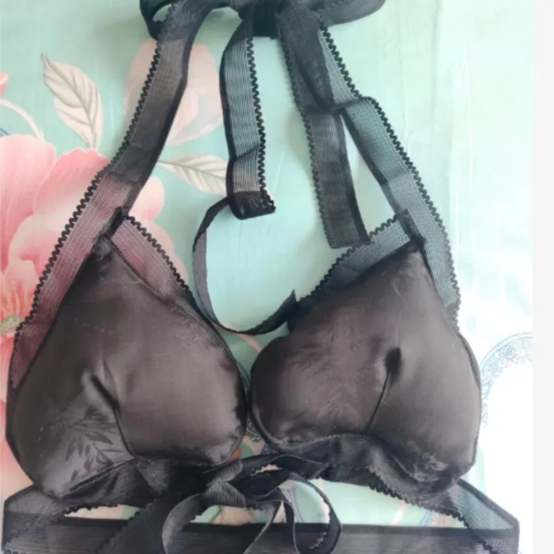 Man Lingerie Set Black Silk Satin Peach-shaped Lace Up Bra Thong Briefs Couple Underwear BF For Male Sexy Tops+Men's T-back view 4