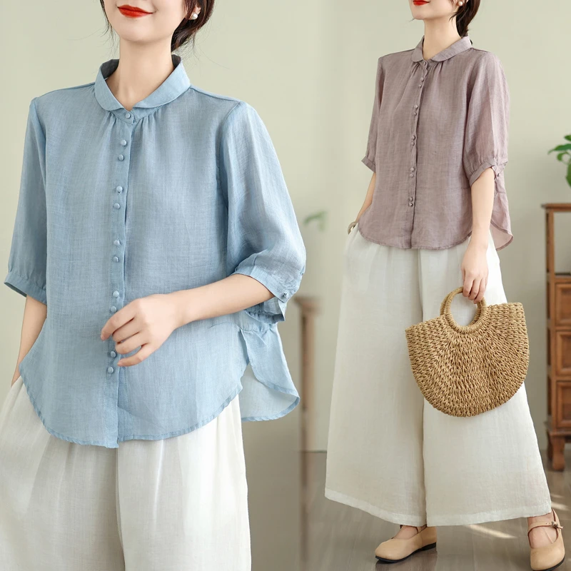 Slimming Cotton Linen irt Women's Summer New Loose Belly Covering ort Sve  Collar irt Commute Sle Thin Material