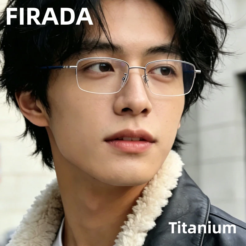 

FIRADA Fashionable Comfortable Glasses Ultra-light Titanium Eyewear Luxury Square Half-frame Eyeglasses For Men Women 8039-1-BM