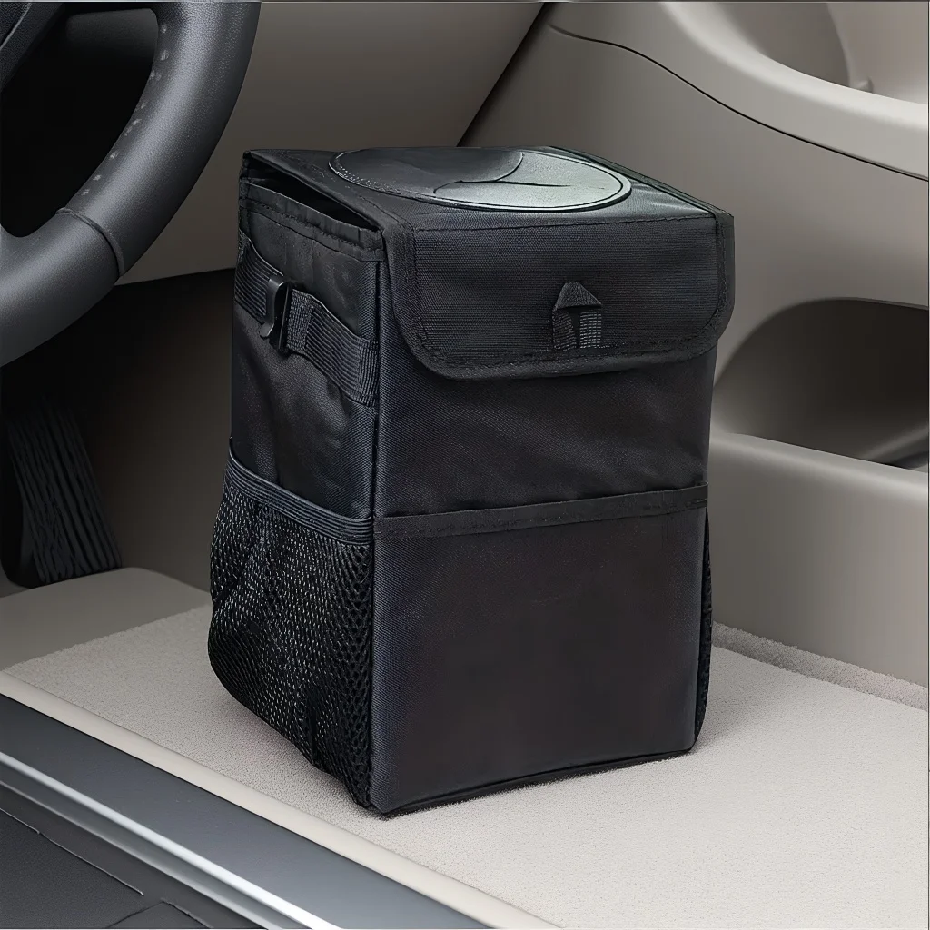 Car Trash Can with Lid & Storage Pockets, 100% Leak-Proof Waterproof Garbage Bin, Multipurpose Car Organizer