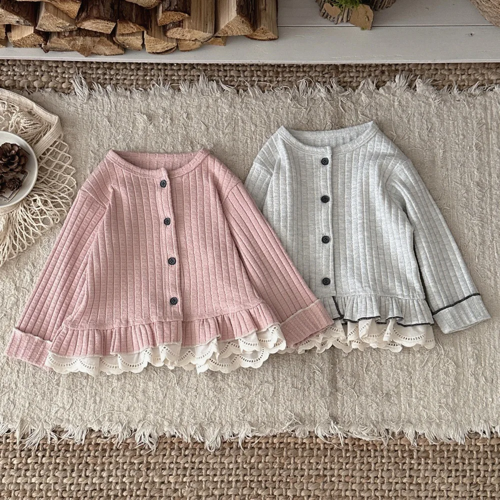 INS Style Baby Kids Ribbed Knit Cardigan, Long Sleeve Trimmed Hem Rolled Cuff Single Breasted Spring Autumn Sweater