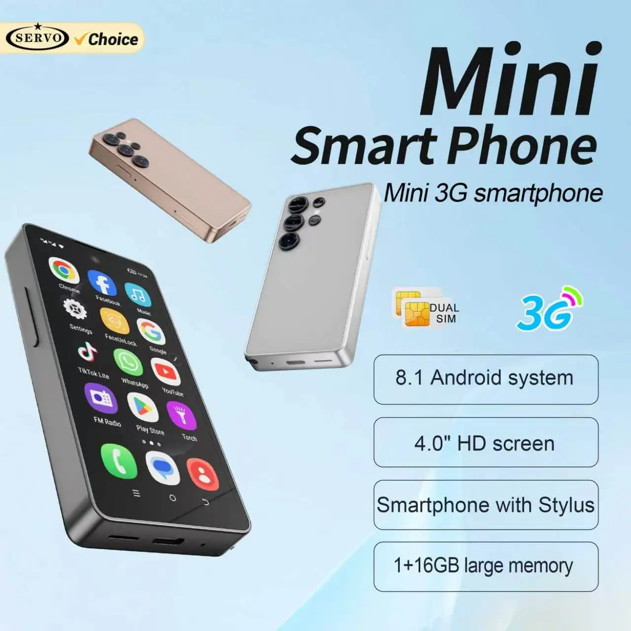 2026 SERVO 3G Mini Smartphone Built-in Stylus 16GB ROM Android OS WhatsAPP WiFi Face Unlock 2 SIM 4.0'' Small Smart Mobile Phones
