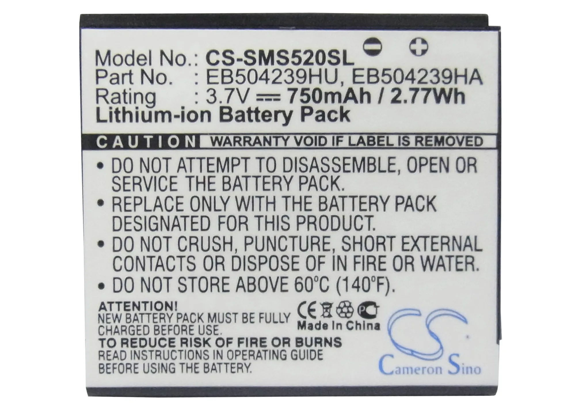

750mAh Battery EB504239HA, EB504239HABSTD, EB504239HU for Samsung GT-S5200, GT-S5200C, S5200, SGH-A187