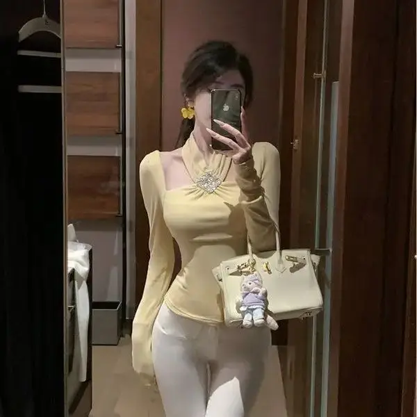 Women T-Shirt 2024 Autumn Sexy Halter Elegant Long Sleeve Club Wear Hot Girl Slim Fit Hollow Top Women Yellow Sweetheart