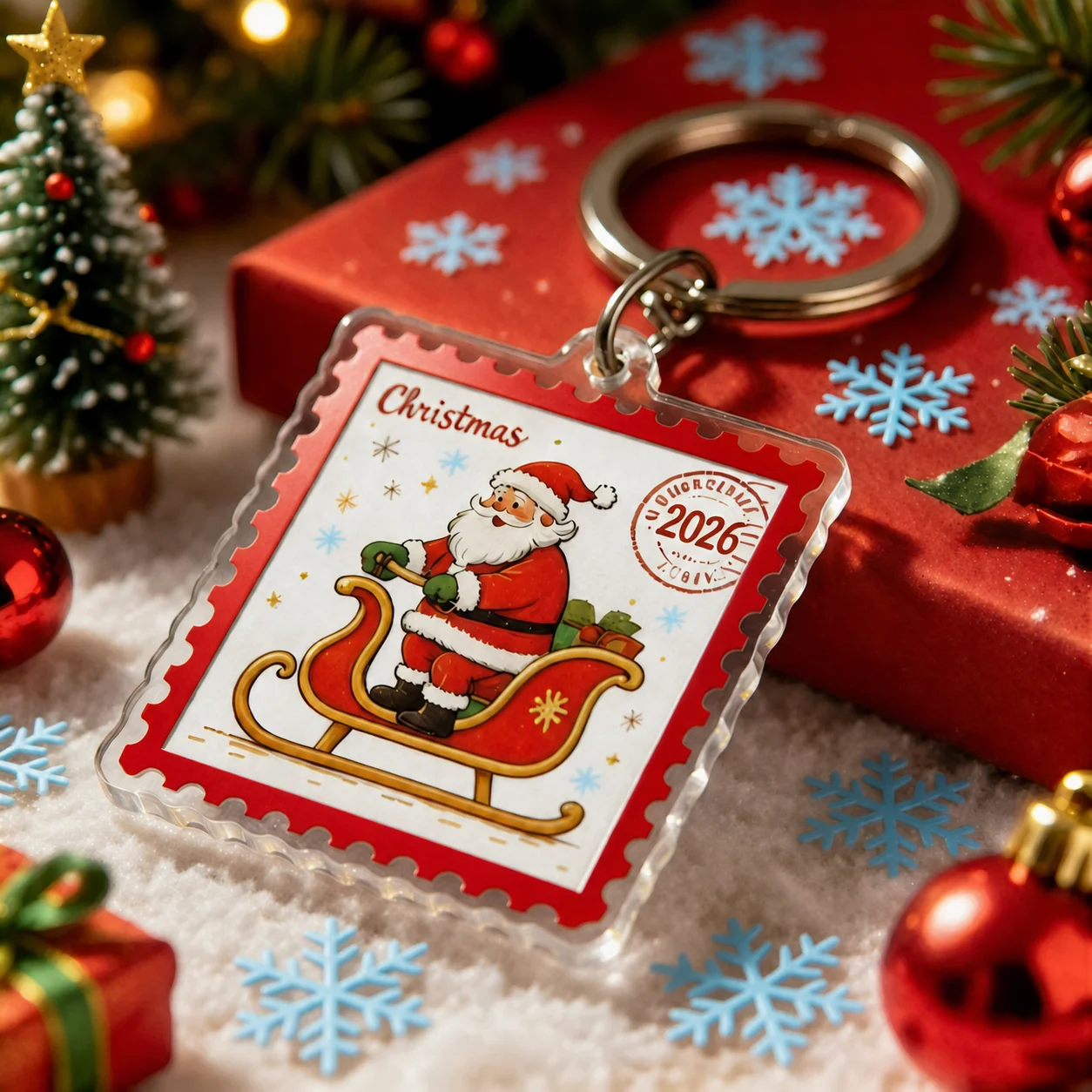 Holiday Key Chain Cartoon Acrylic Santa Claus Key Chain Stamp Shaped Key Chain Glitter Border For Holiday Gift Handbags