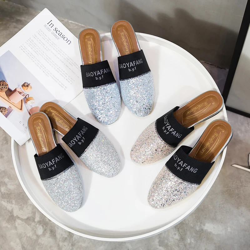 

Лето 2023, модные туфли без шнуровки на мягкой подошве, тапочки на плоской подошве с круглым носком, женская обувь на плоской подошве с эластичным ремешком и блестками, повседневные сандалии