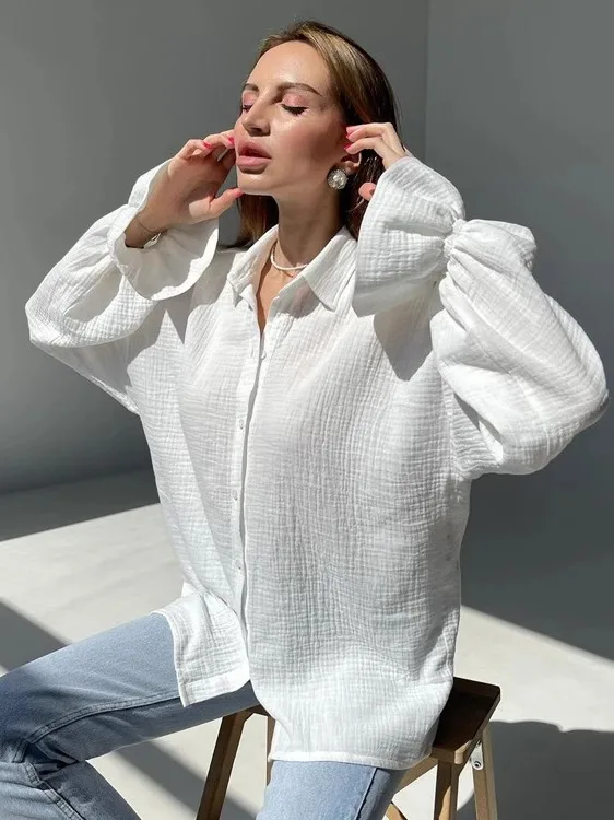 

Pure Cotton Long Sleeve Shirt Casual Collared Women's Fashion Loose Fit Mid-Length White Shirt Casual Style Spring Season