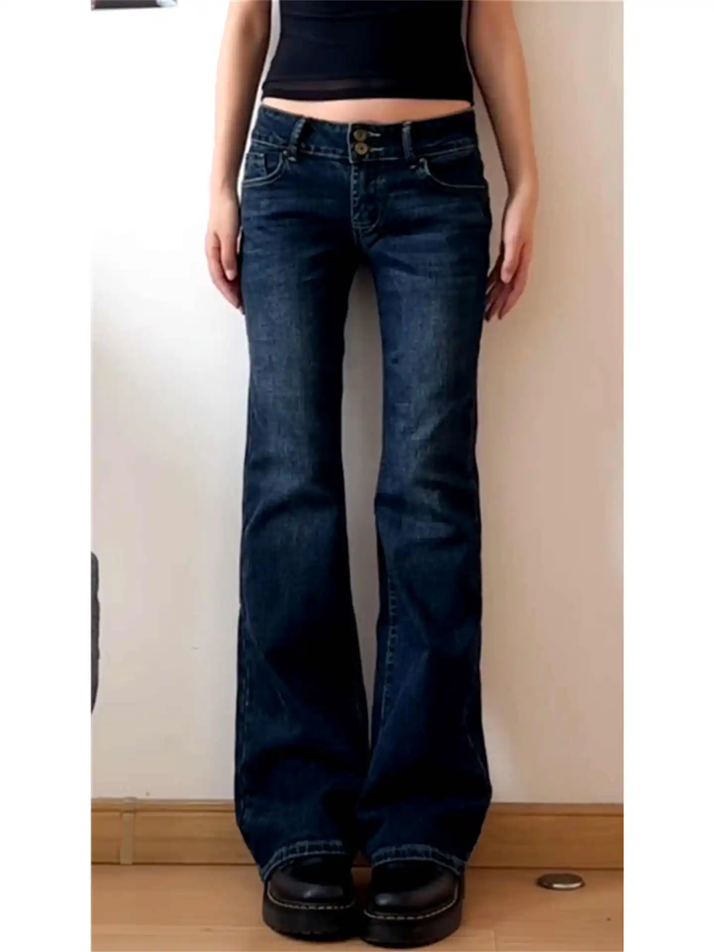 Women's American Retro Low Rise Flare Jeans Korean Skinny Stretch Denim Pants Long Trousers Japanese Y2k Cowboy High Street New
