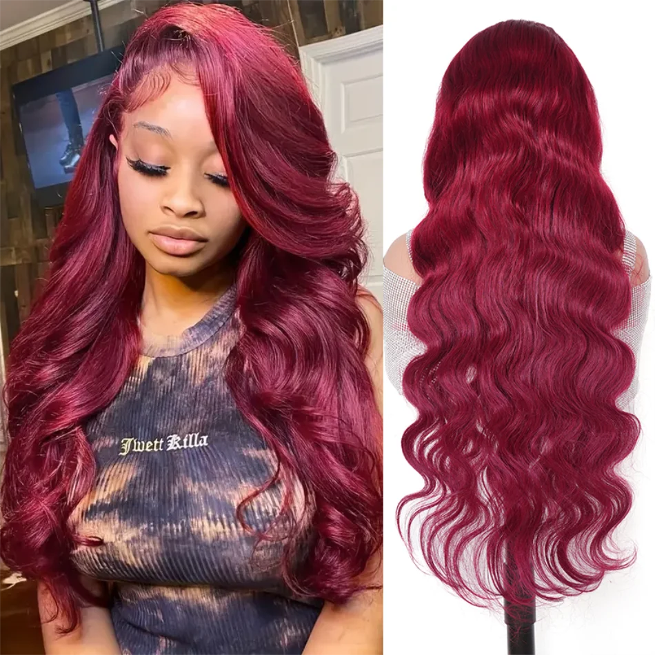 

99J Бордовый парик с объемной волной, бразильский парик из натуральных волос, 13x4, парик с фронтальной частью шнурка, плотность 200%, предварительно выщипанный парик 99J с объемной волной