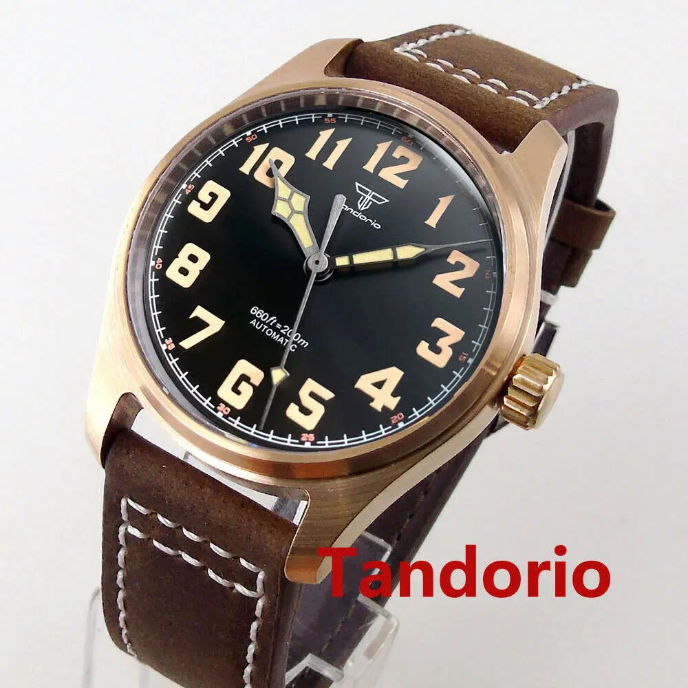 

39mm Tandorio NH35A PT5000 Movement Solid Cusn8 Bronze 20ATM Diver Sapphire Glass Automatic Pilot Mens Watch Luminous Leather