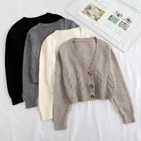 V Neck Cropped Cardigan Women Long Sleeve Twist Knitted Sweater Coats Autumn Winter Keep Warm Korean Fashion Jacket Cardigan - Image 3