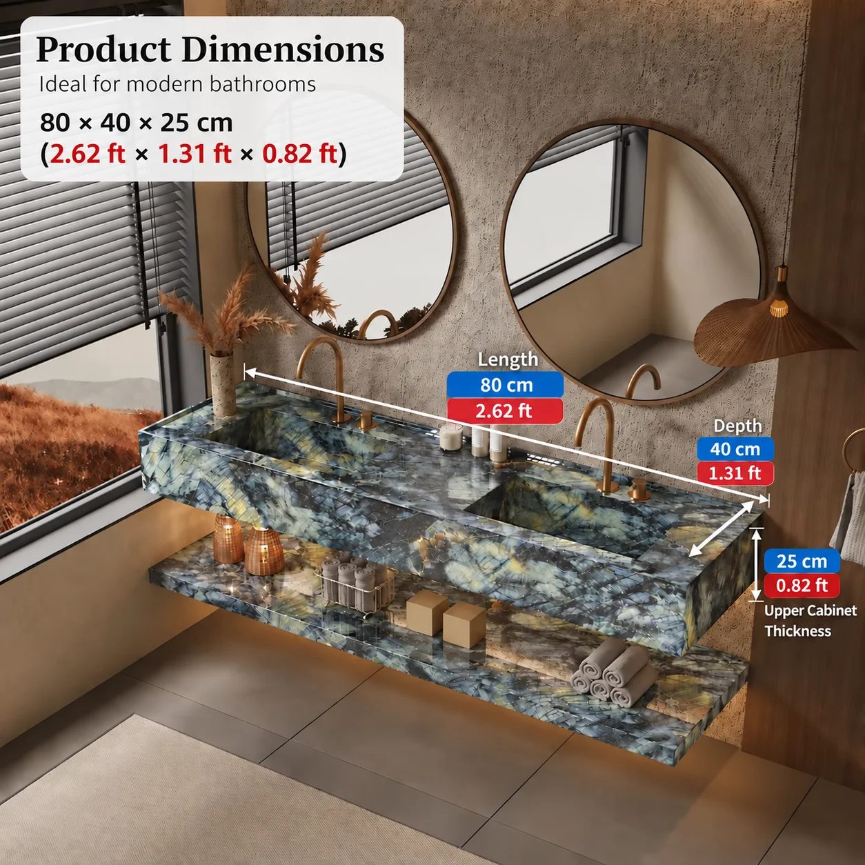 Any Size Custom French Luxury Emerald Green Marble Double Sink Vanity Natural Flowing Veins Multi Stone Options Premium Bathroom