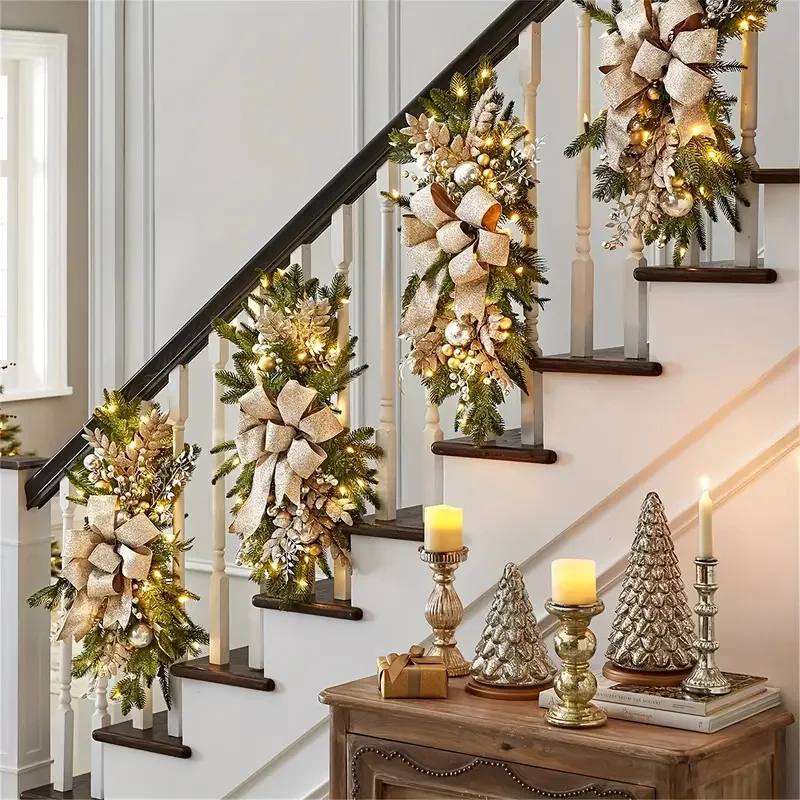 Christmas Decoration Wreath Stair Handrail Hanging Decoration Holiday Home Front Door Hanging Decor Artificial Plant Wreath