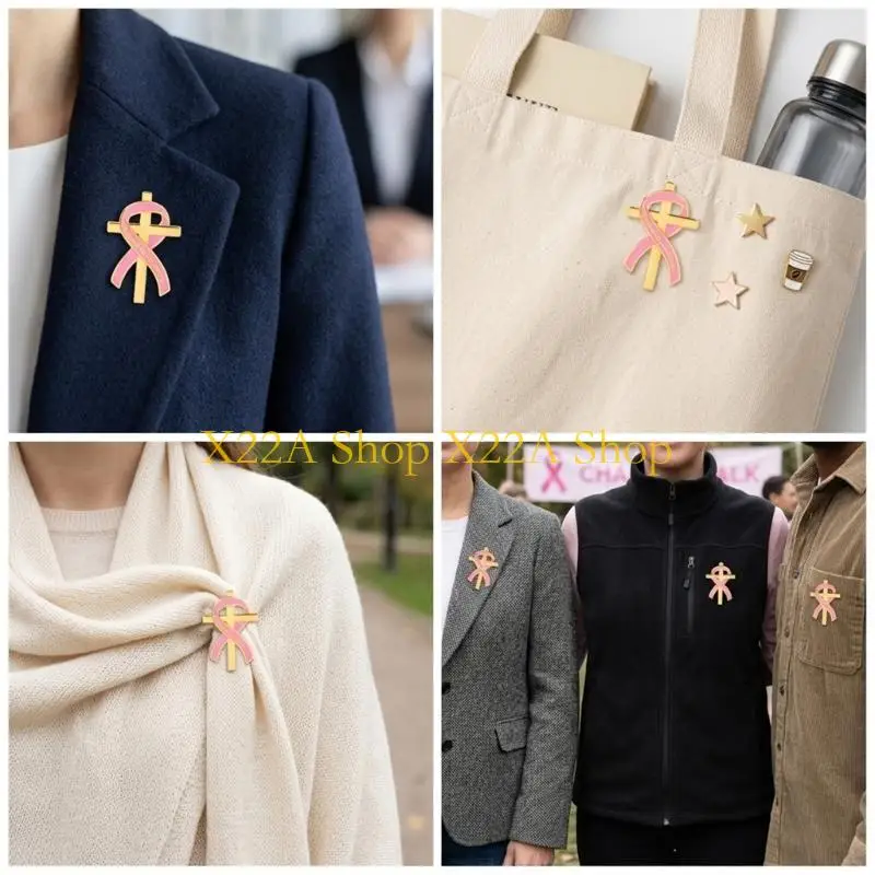 Unique Crosses Ribbon Memorial Brooch Pin with Gold Tone Alloy Design Forever in Our Hearts for Remembrance Event