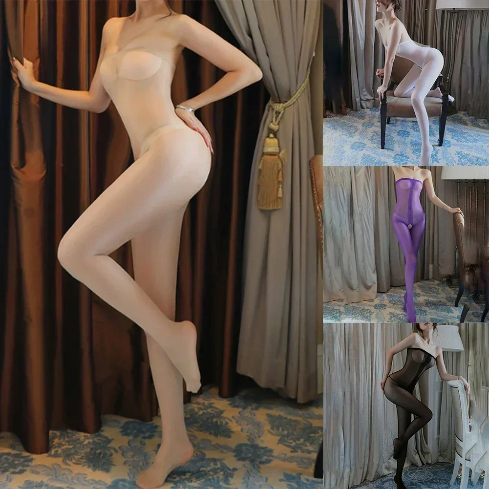 Women Ultra Thin Strapless Transparent Full Body Crotchless Body Stocking Pantyhose Lingerie Jumpsuit Female Stockings Jumpsuit