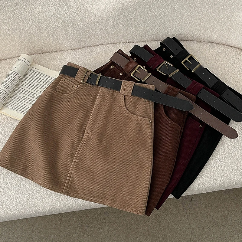 Solid Color Corduroy Half Skirt Women Autumn Winter Thickened Short Skirts Korean High Waist Slim A-line Skirt with Belt