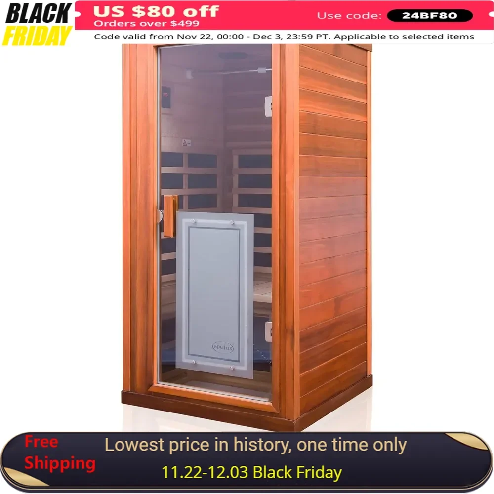 Sauna 1 Person Low EMF Far Infrared Saunas, 1350 Watt Indoor Personal Sauna Room with 2 Bluetooth Speakers, 1 LED Reading Lamp