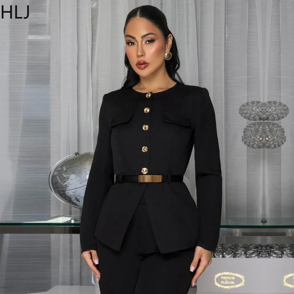 HLJ エレガントな女性用ツーピースセット、無地長袖シングルブレストクロップトップとパンツのマッチング、女性用ストリートウェア服