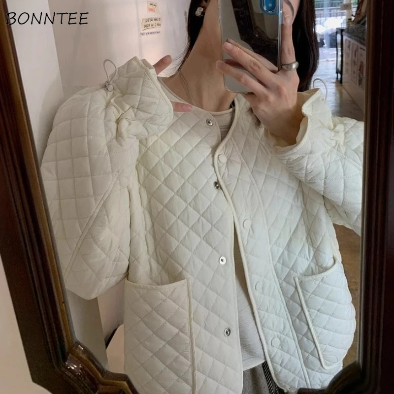 

Parkas Women O-neck Pockets Single Breasted Korean Style Autumn Winter Casual Warm Solid Fashion Sweet Girls Minimalist Chic