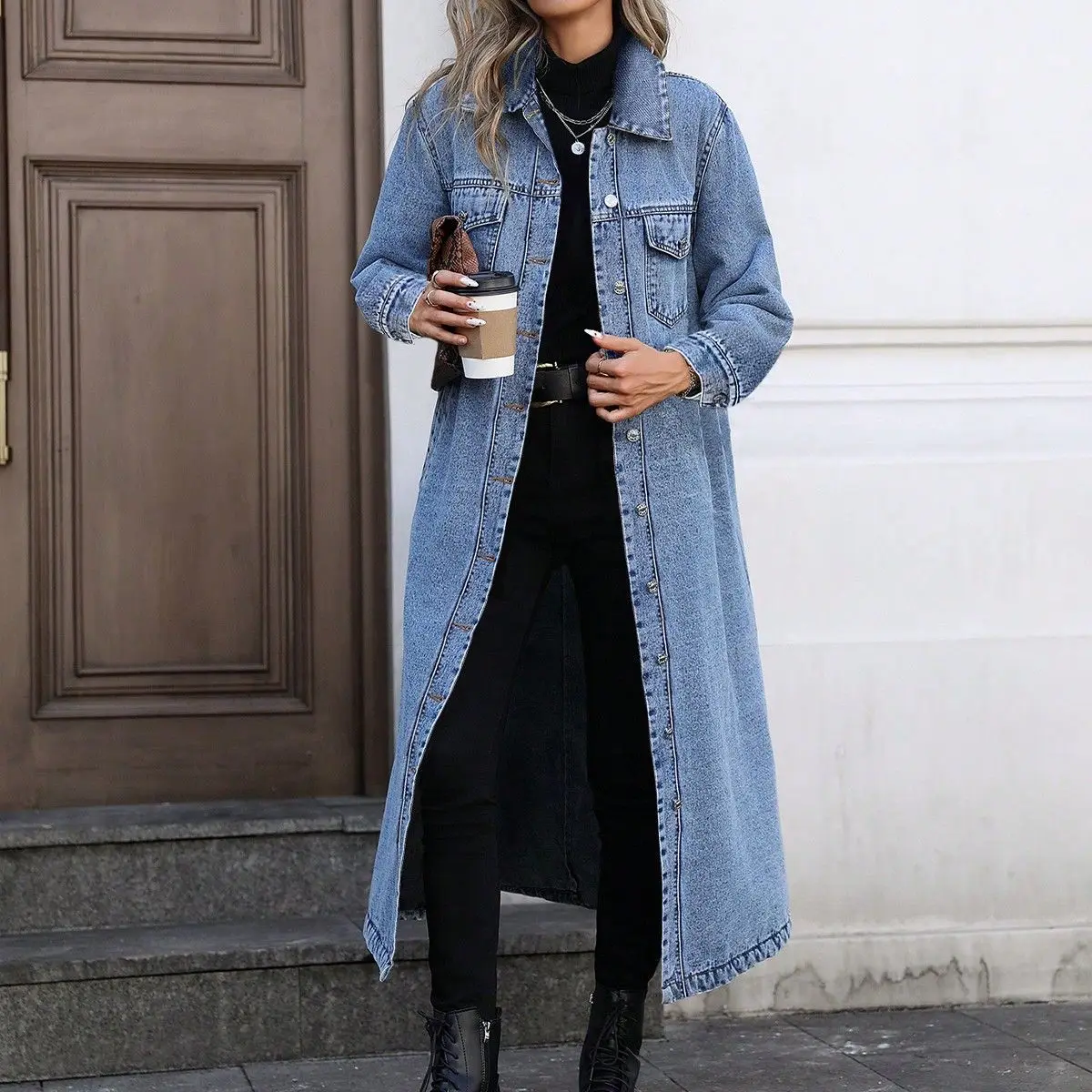 Denim Coats Moto Biker Jeans for Women Long Jackets Pocket Long Sleeves Single Breasted Loose Casual Y2k 2025 Autumn Winter