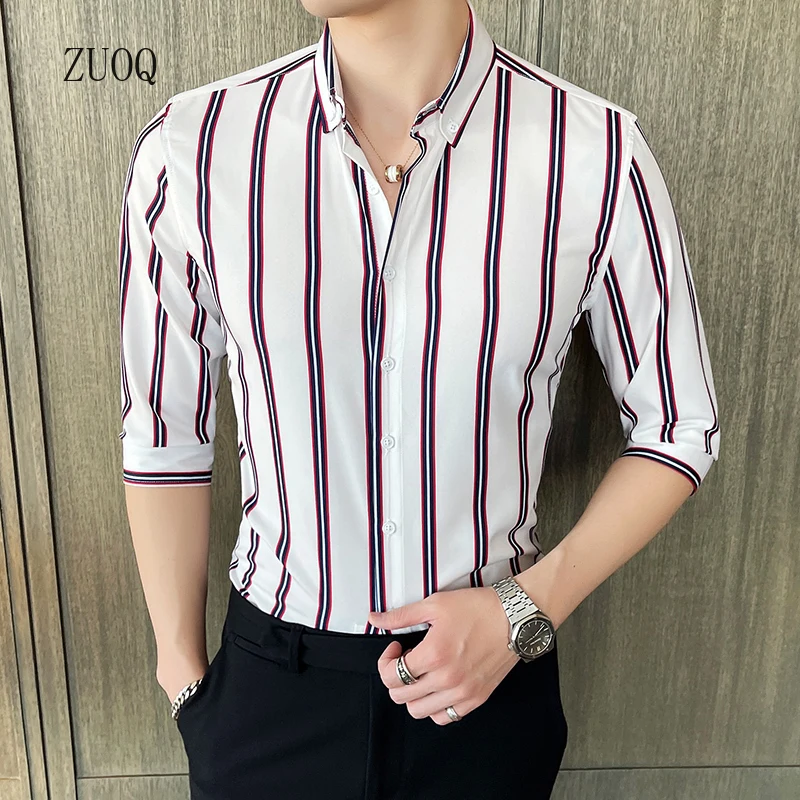 New 2025 Summer New Slim Fit short Sleeve Men Striped Shirt Korean Fashion Button Up Harajuku Blouse Man