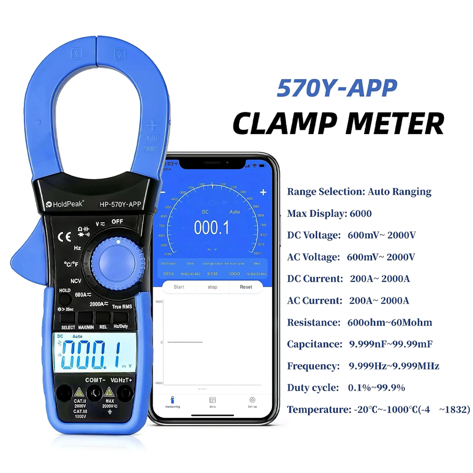 

Clamp Digital Multimeter, AC/DC Voltage & Current Tester 2000A/ 2000V True RMS Meter HP-570Y-APP Connecting cell phone Bluetooth