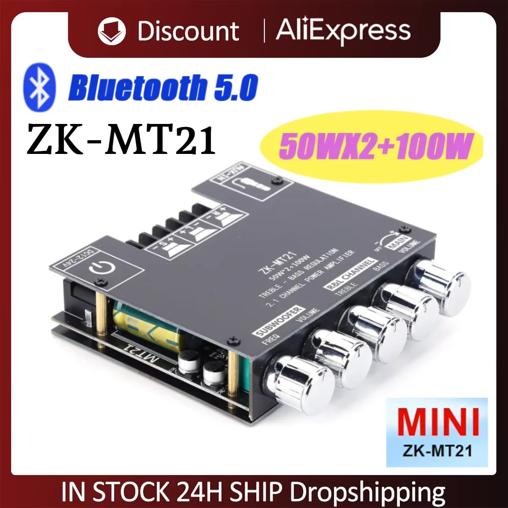 ZK-MT21 2.1Channel Bluetooth Amplifier Board 50Wx2+100W HiFi Subwoofer Stereo Amplifier Board TB21/MT21S/S100L AMP Board