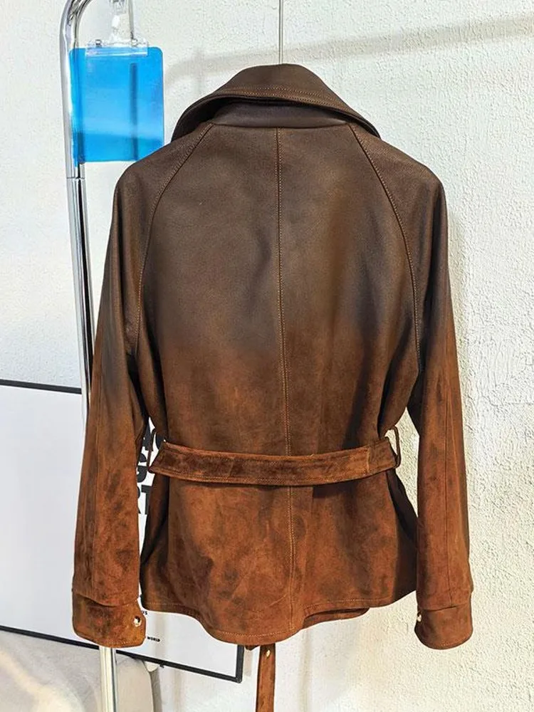 New Elegant Autumn Women Double Breasted Sheepskin Short Coat Casual TurnDown Collar Long Sleeve Female Genuine Leather Jacket