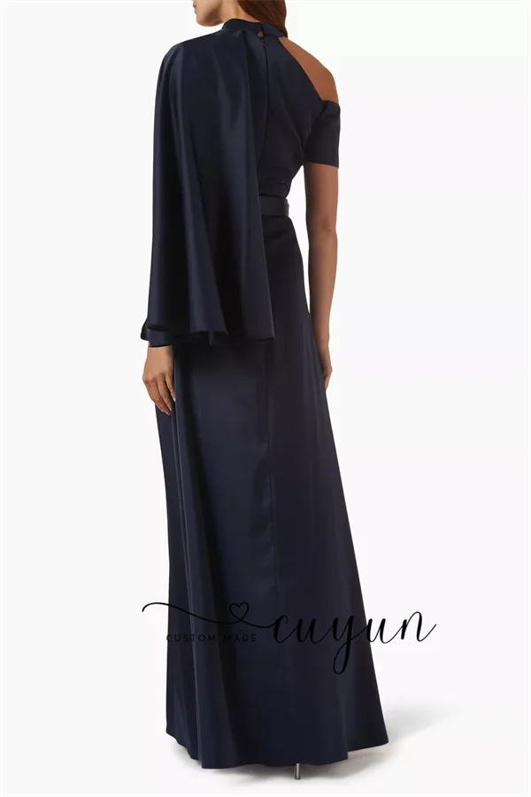 CUYUN Customized Elegant Evening Dresses for Special Occasions Navy Blue 3D Flowers Party Dress Side Slit Prom Gown Guest Wear