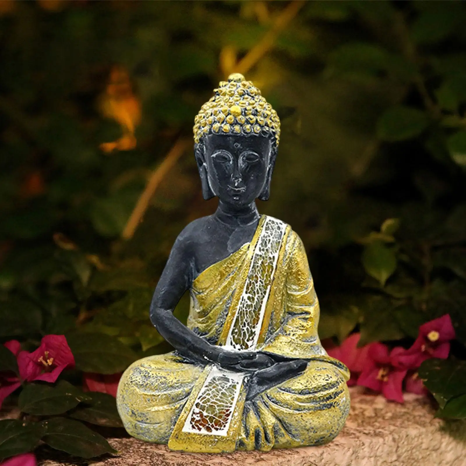 Garden Buddha Statue Solar Powered Gold Resin Outdoor Ornament Collectible for Peaceful Landscape
