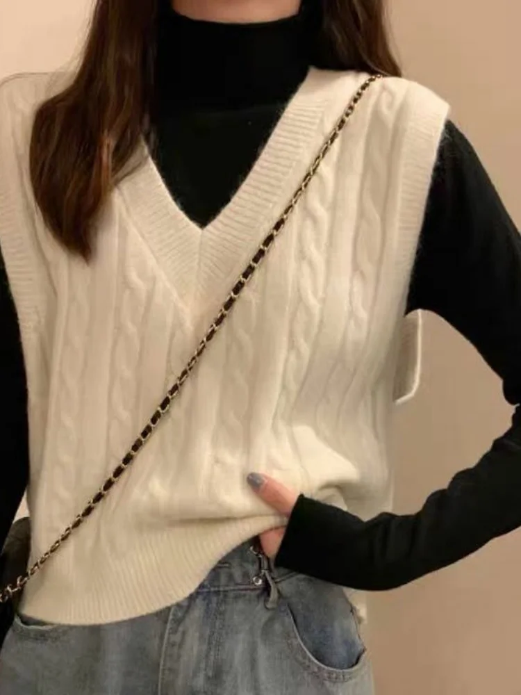 

Белый свободный женский жилет-свитер с V-образным вырезом, весенняя новинка, корейская версия, модная верхняя одежда, однотонный, легко сочетается