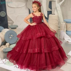 Flower Girl Dress Red Layered Fluffy Tulle Bow Sparkly Sleeveless Wedding Flower Child Communion Birthday Party Dress Girl Gift