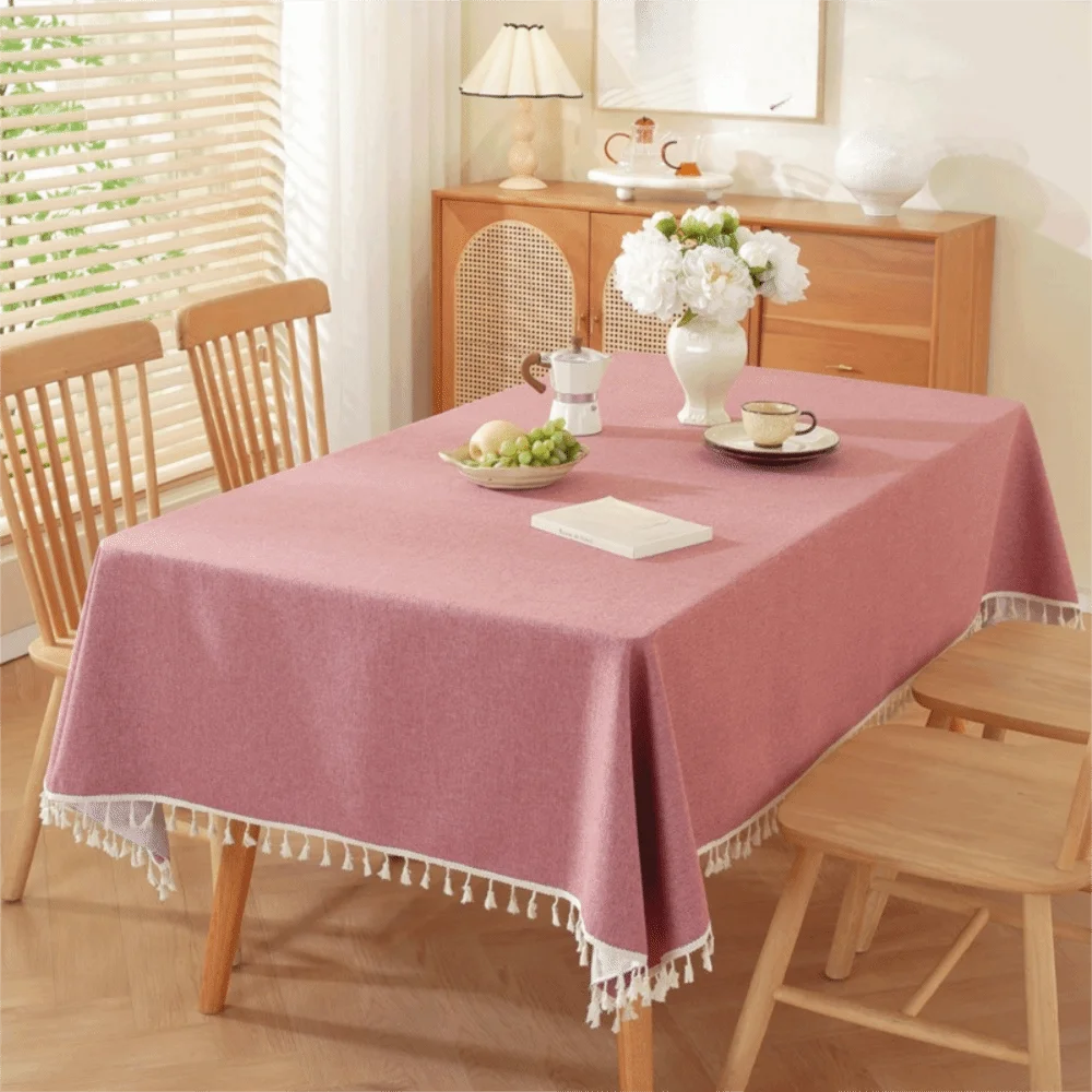 

Rectangular Rural Style Textured Tablecloth Oil-proof Cotton and Linen Table Cover with Tassel Waterproof Table Runner