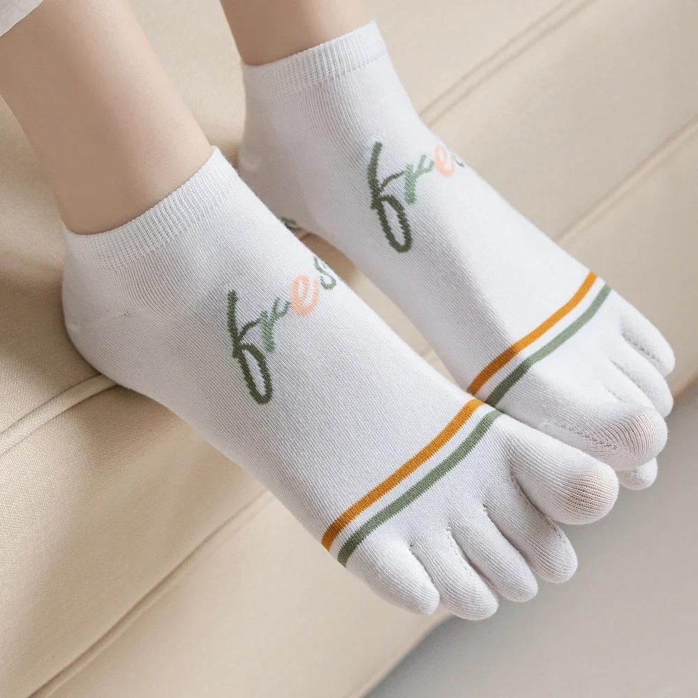 5 Pairs Kawaii Cute Five Finger Socks Women Summer Thin Ankle Socks with Separate Fingers Cotton Toe Socks Floral Green