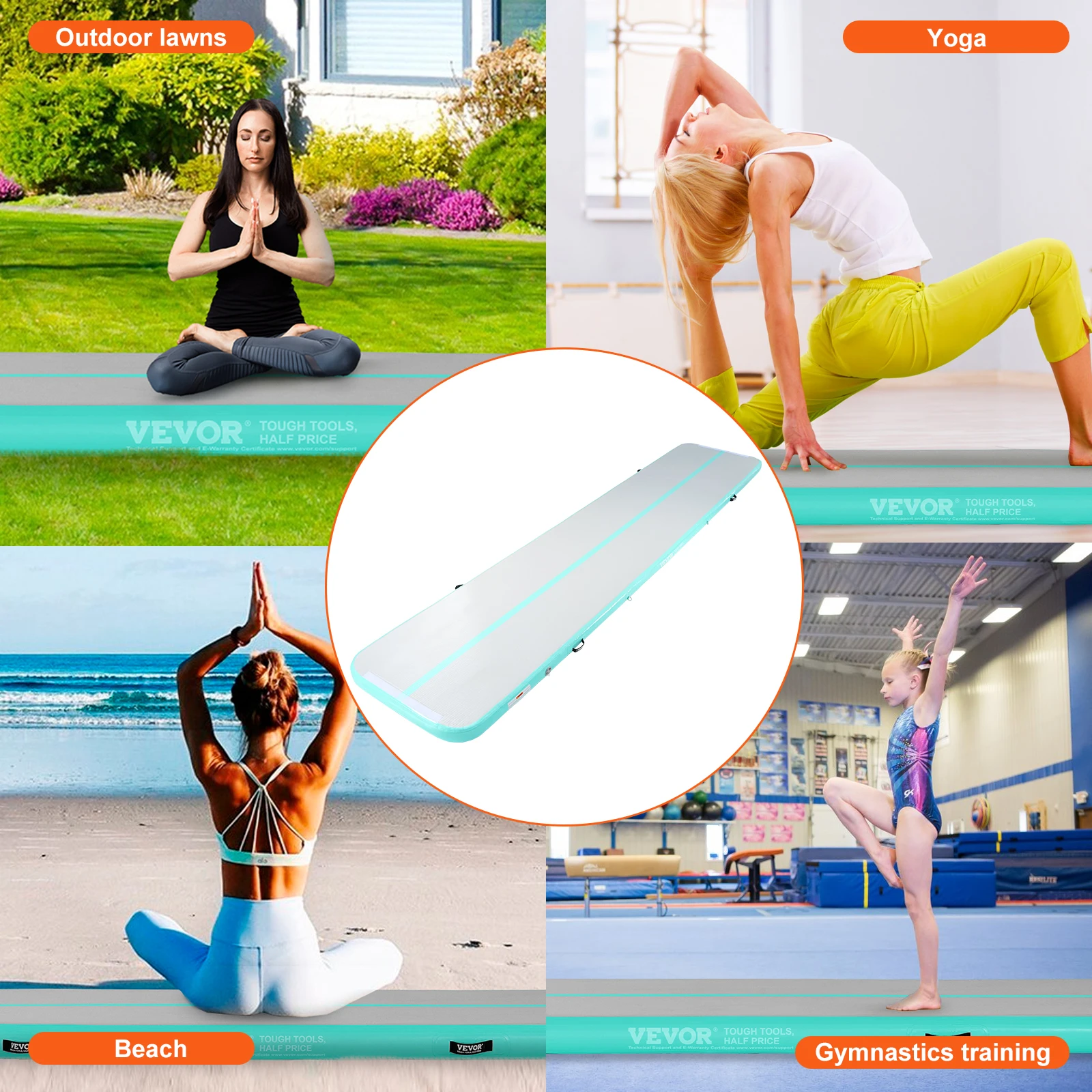 VEVOR Tappetino da Ginnastica da 4 Pollici di Spessore, Pompa Elettrica, Tappetini da Allenamento per Uso Domestico/Palestra/Yoga/Cheerleader/Spiaggia/Parco/Acqua, 16 Piedi, Verde Menta