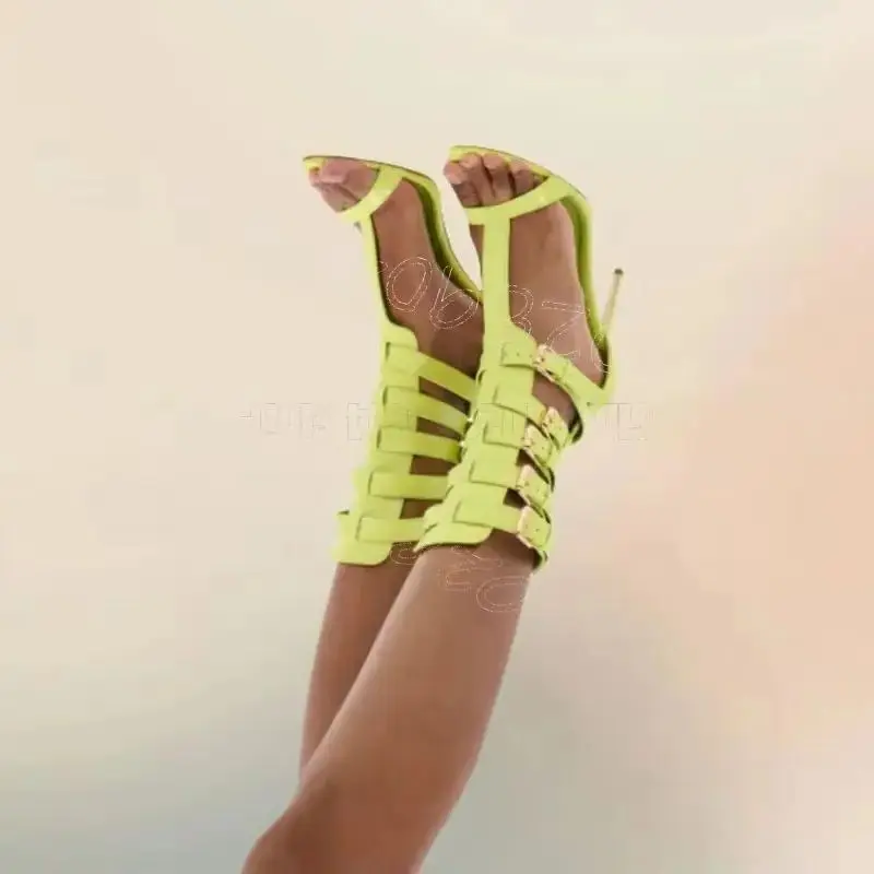 

Fluorescent Green Hollow Design Buckle Sandals Buckle Strap Women Shoes Thin High Heels Fashion Party 2026 Zapatos Para Mujere