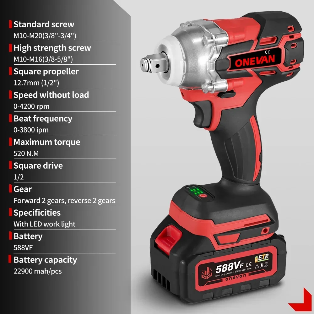 ONEVAN 520N.M Brushless Electric Wrench Cordless Wrench Screwdriver 1/2