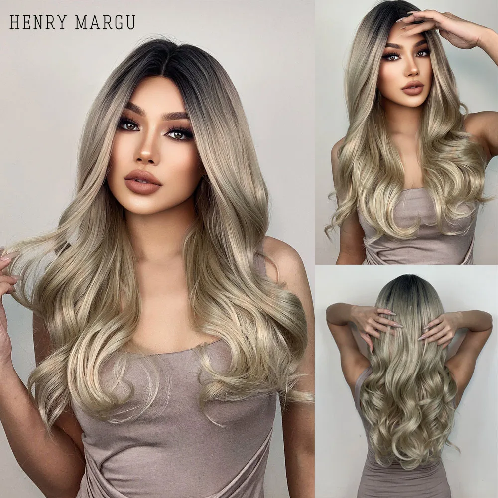 

HENRY MARGU Natural Wavy Synthetic Lace Front Wig Long White Blonde Highlight Hair Wig for Women Afro Middle Part Cosplay Wigs