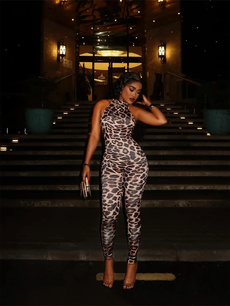 

STYLISH LADY Leopard Printed Elastic Jumpsuits 2025 Summer Women Sleeveless O Neck Bodycon Sexy Club Party All Matched Overalls
