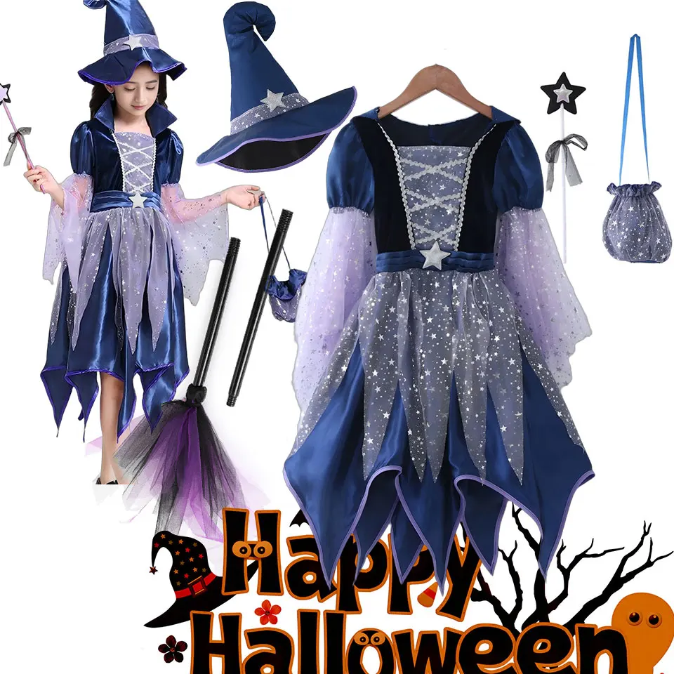 Gott Mutter Fee Kleid mit Hexenhut Zauberstab Tasche Mädchen Halloween Kostüm Hexe Cosplay Alle Heiligen Tag 4 Stücke Zauberer Vestidos Anzug